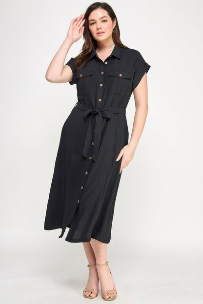 Front view of Front Tied Buttoned Short Sleeve Dress showing neckline and sleeve details (100% breathable polyester Sizes)