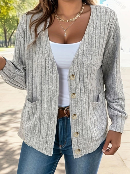 Front view of Full Size Button Up V-Neck Long Sleeve Cardigan in Light Gray showing neckline and sleeve details