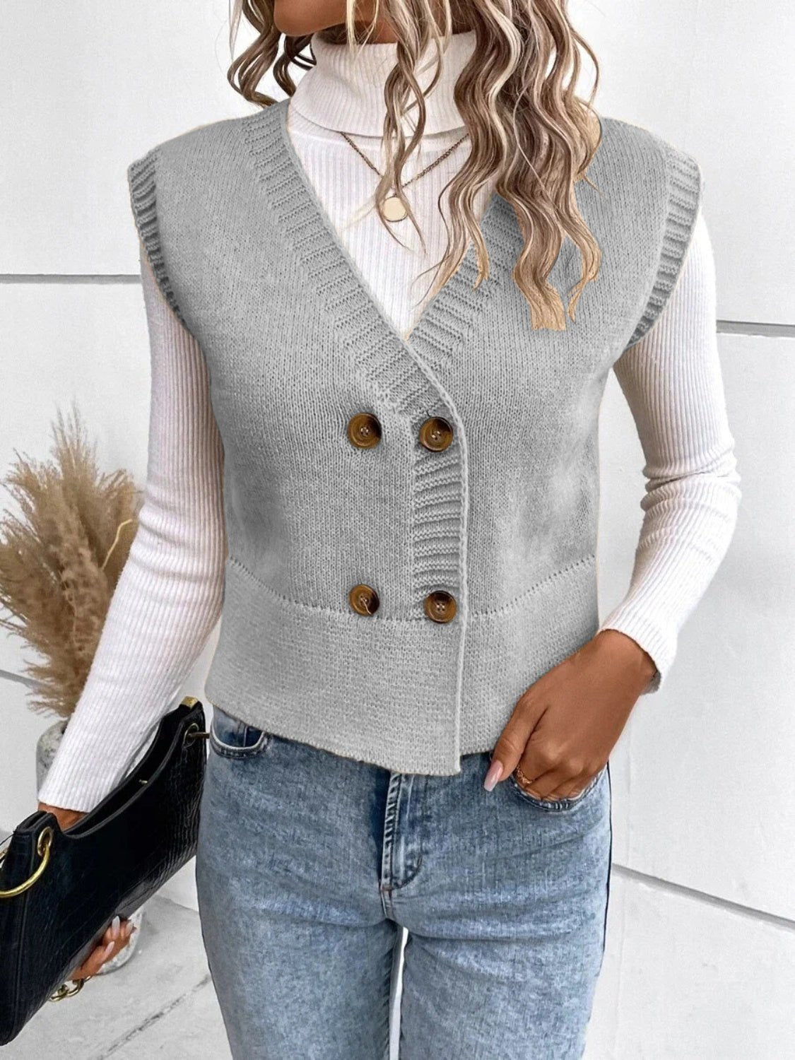 Full Size Button Up V - Neck Sweater Vest - Rochelle's House LLC