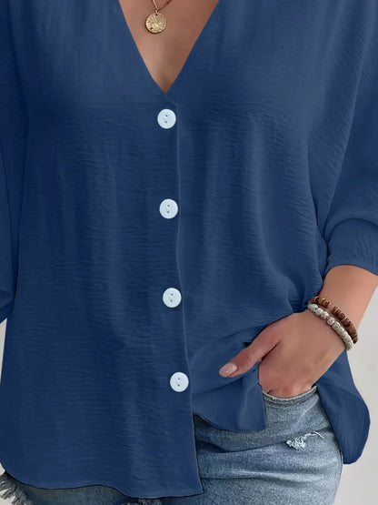 Full Size Casual V - Neck Button Down Relaxed Fit Blouse Plus Size - Rochelle's House LLC