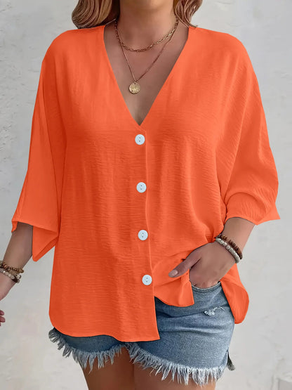 Full Size Casual V - Neck Button Down Relaxed Fit Blouse Plus Size - Rochelle's House LLC
