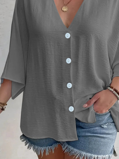 Full Size Casual V - Neck Button Down Relaxed Fit Blouse Plus Size - Rochelle's House LLC