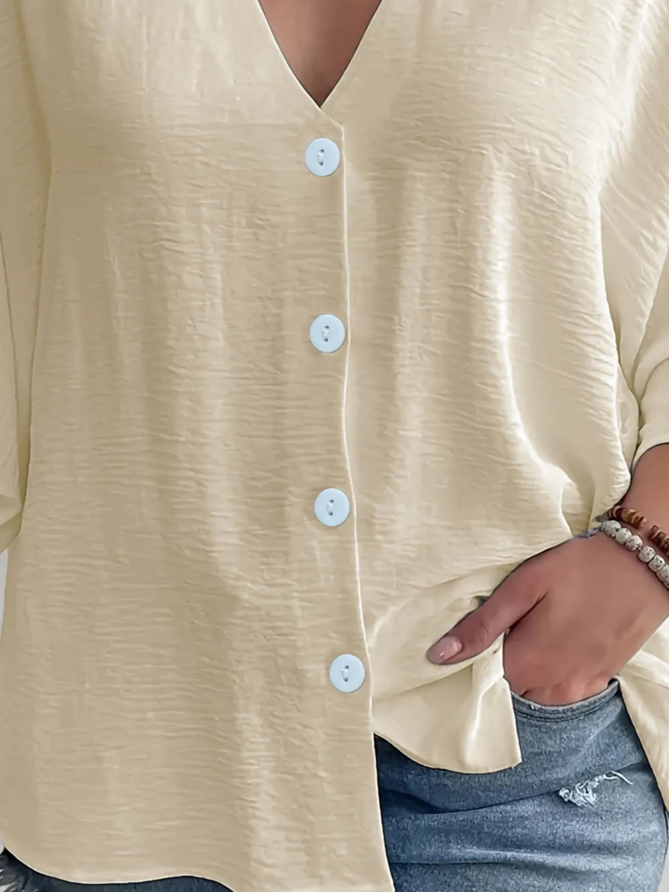 Full Size Casual V - Neck Button Down Relaxed Fit Blouse Plus Size - Rochelle's House LLC