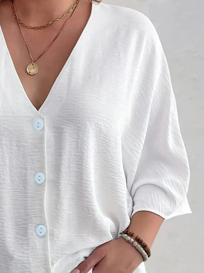 Full Size Casual V - Neck Button Down Relaxed Fit Blouse Plus Size - Rochelle's House LLC