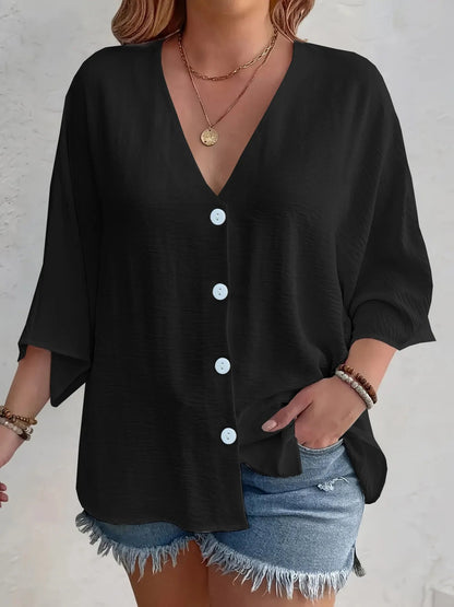 Full Size Casual V - Neck Button Down Relaxed Fit Blouse Plus Size - Rochelle's House LLC