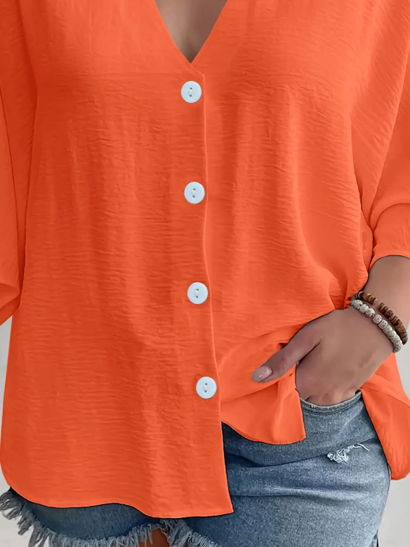 Full Size Casual V - Neck Button Down Relaxed Fit Blouse Plus Size - Rochelle's House LLC