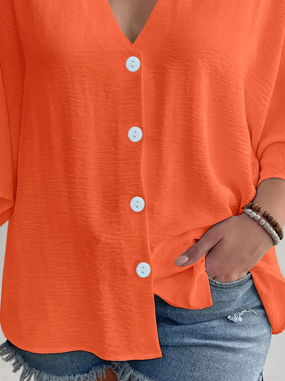 Full Size Casual V - Neck Button Down Relaxed Fit Blouse Plus Size - Rochelle's House LLC