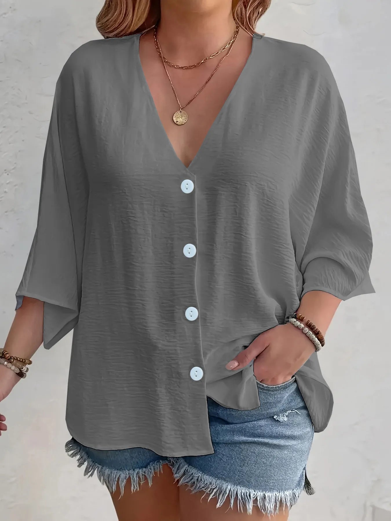Full Size Casual V - Neck Button Down Relaxed Fit Blouse Plus Size - Rochelle's House LLC