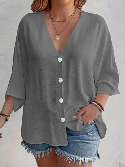 Full Size Casual V - Neck Button Down Relaxed Fit Blouse Plus Size - Rochelle's House LLC