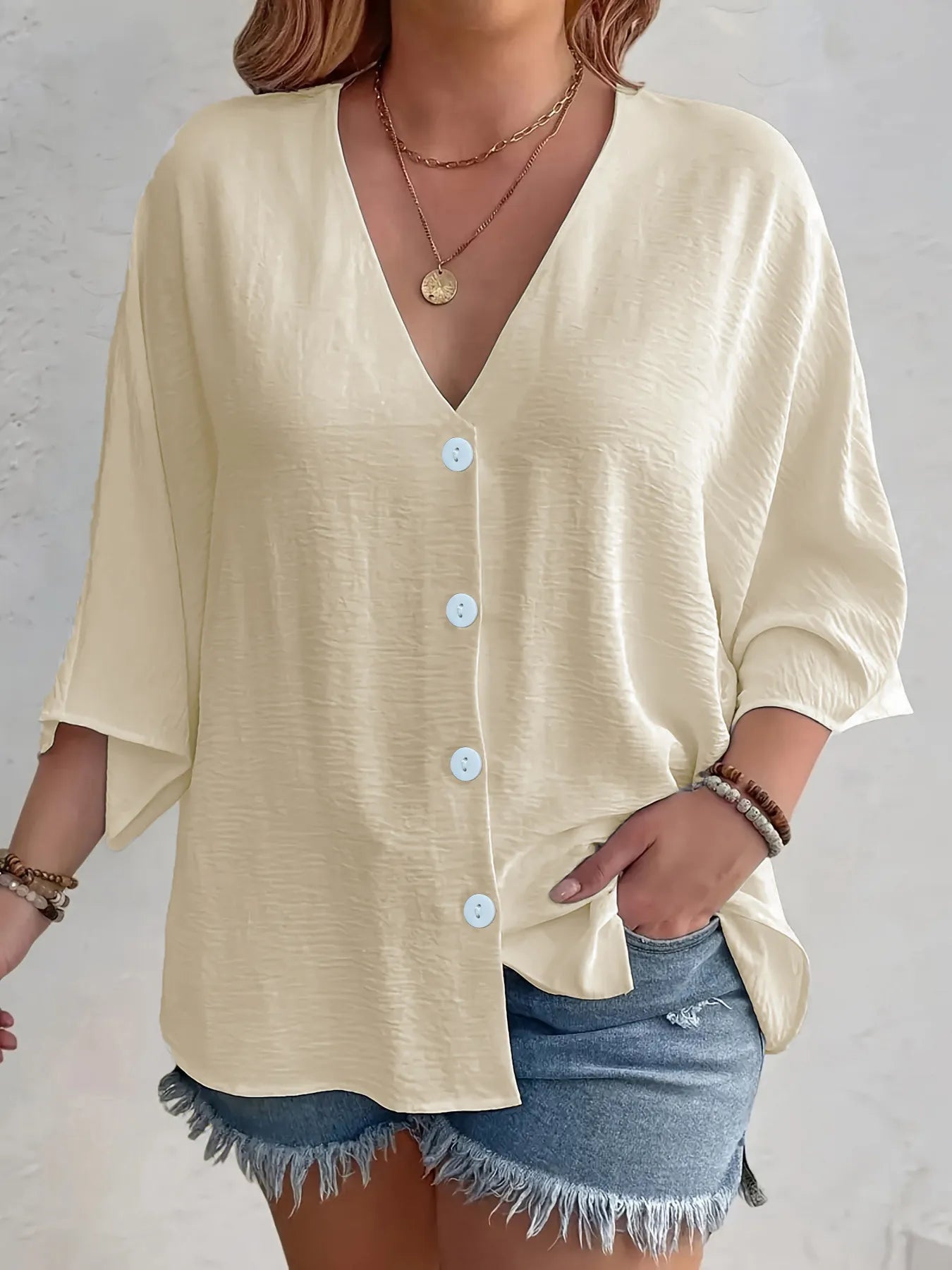 Full Size Casual V - Neck Button Down Relaxed Fit Blouse Plus Size - Rochelle's House LLC