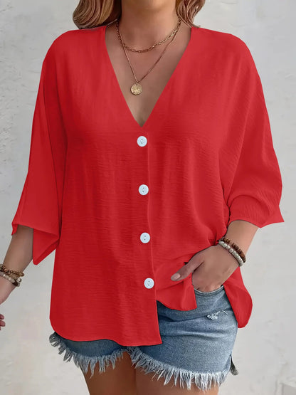 Full Size Casual V - Neck Button Down Relaxed Fit Blouse Plus Size - Rochelle's House LLC