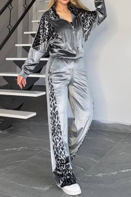 Front view of Full Size Collared Neck Leopard Zip Up Top and Pants Set Plus Size in Gray showing neckline and sleeve details