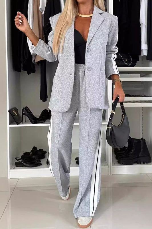 Full Size Contrast Lapel Collar Top and Pants Set - Rochelle's House LLC