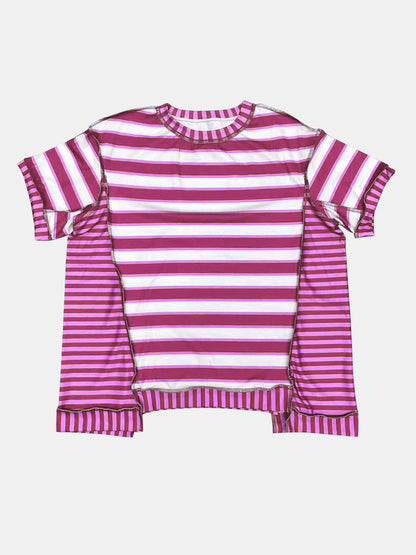 Full Size Contrast Stitching Striped Round Neck T-Shirt - Rochelle's House LLC