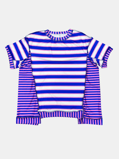 Full Size Contrast Stitching Striped Round Neck T-Shirt - Rochelle's House LLC
