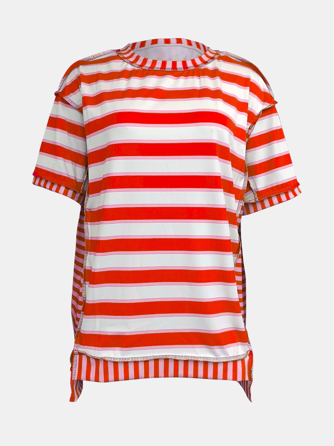Full Size Contrast Stitching Striped Round Neck T-Shirt - Rochelle's House LLC