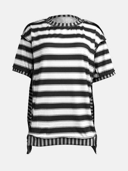 Full Size Contrast Stitching Striped Round Neck T-Shirt - Rochelle's House LLC