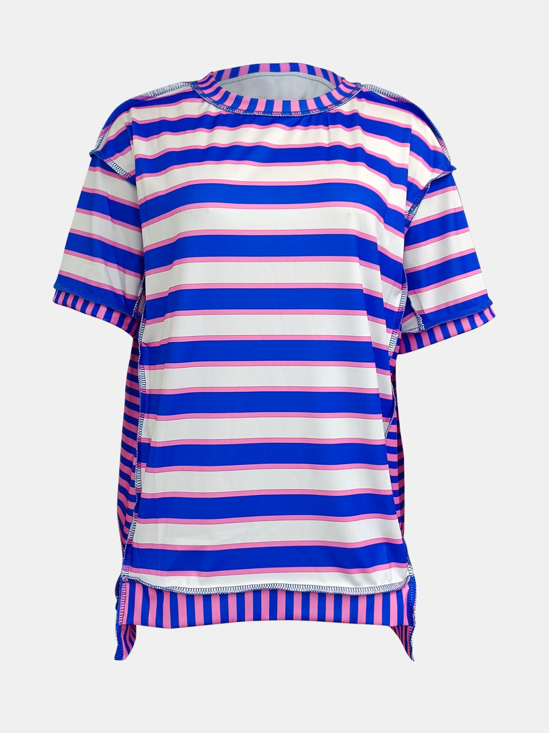 Full Size Contrast Stitching Striped Round Neck T-Shirt - Rochelle's House LLC