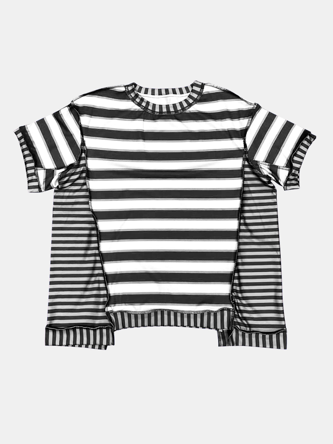 Full Size Contrast Stitching Striped Round Neck T-Shirt - Rochelle's House LLC