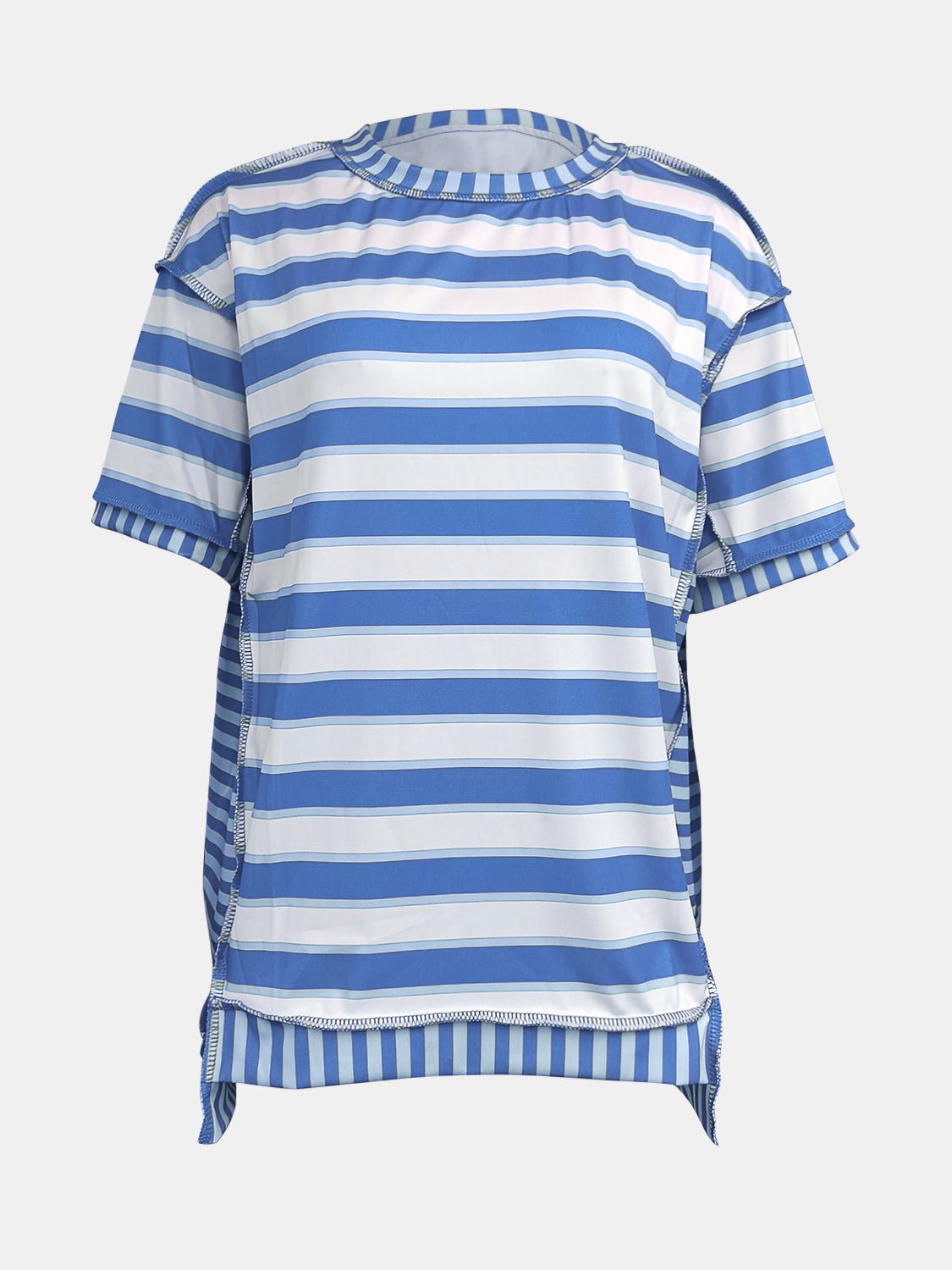 Full Size Contrast Stitching Striped Round Neck T-Shirt - Rochelle's House LLC