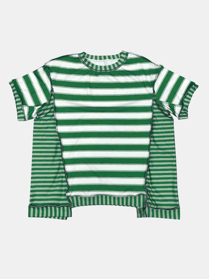 Full Size Contrast Stitching Striped Round Neck T-Shirt - Rochelle's House LLC