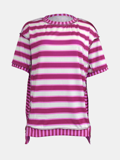 Full Size Contrast Stitching Striped Round Neck T-Shirt - Rochelle's House LLC