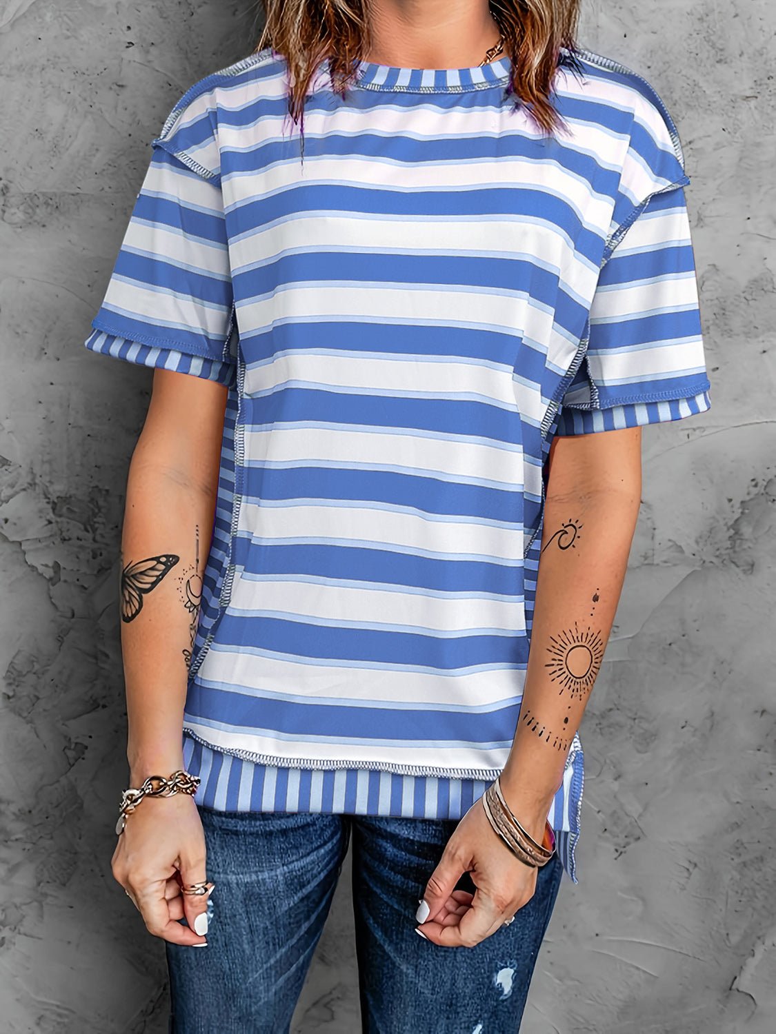 Full Size Contrast Stitching Striped Round Neck T-Shirt - Rochelle's House LLC