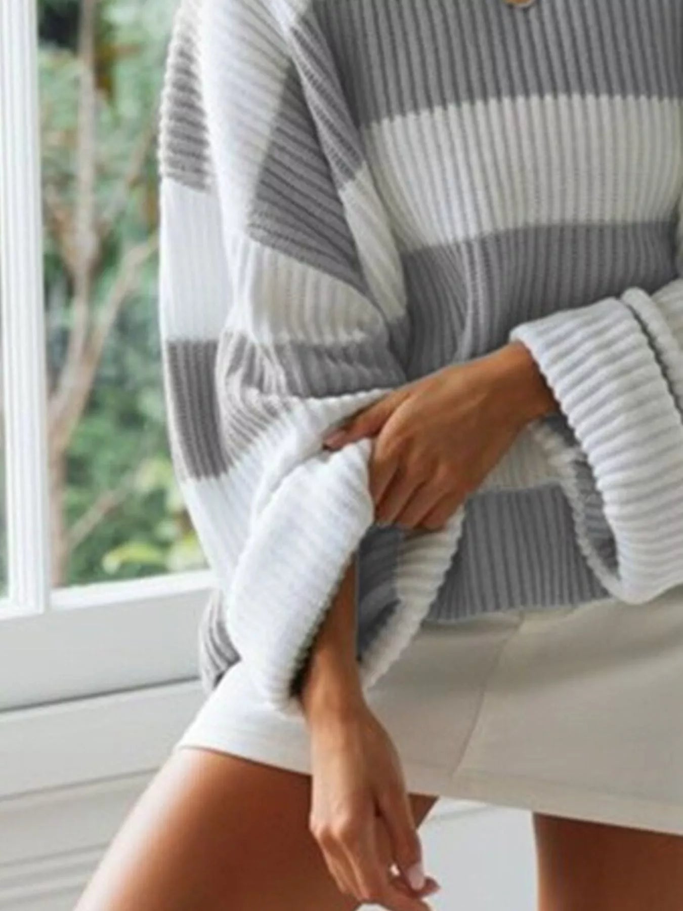 Full Size Contrast Striped Round Neck Sweater Plus Size - Rochelle's House LLC