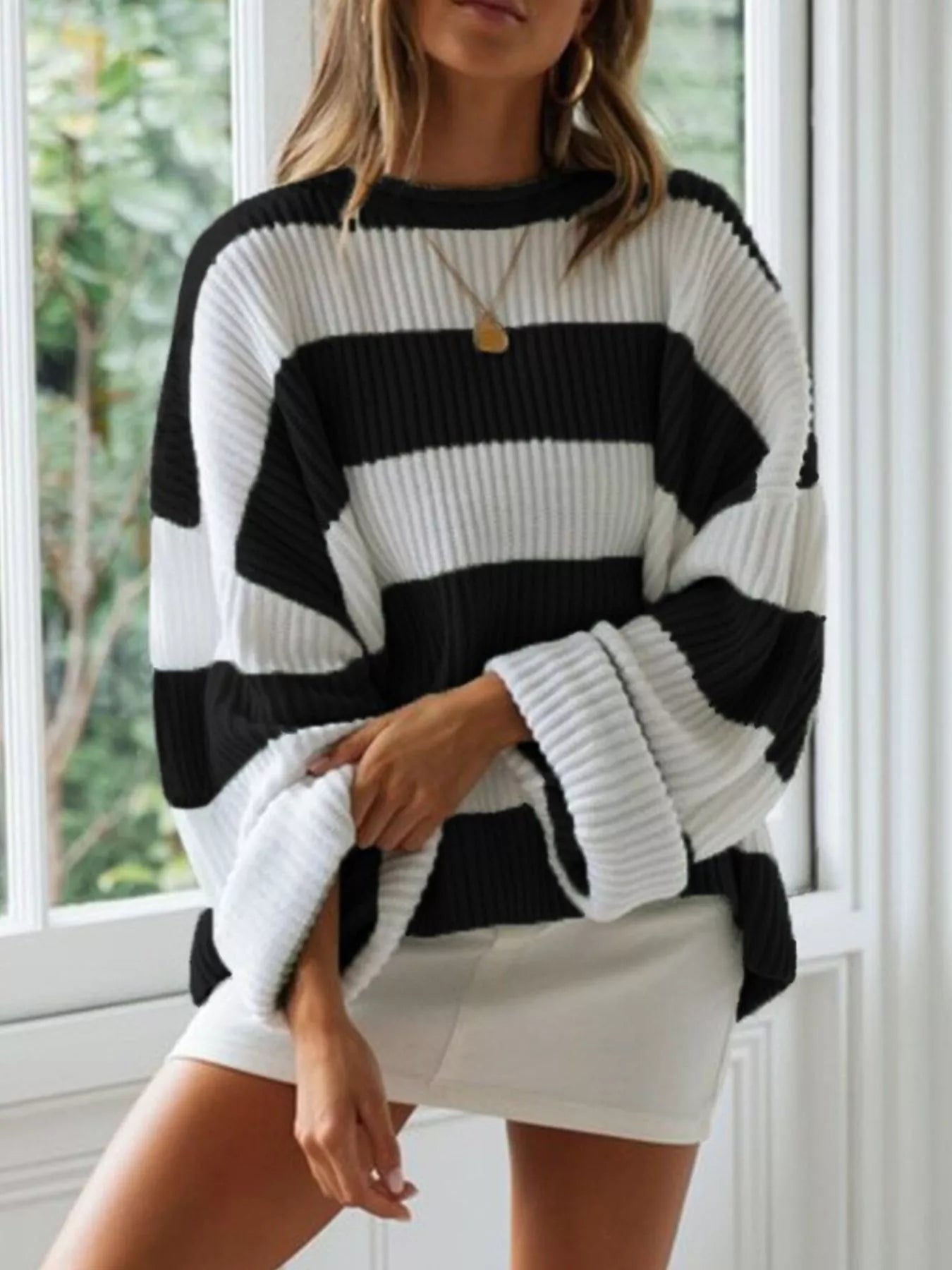 Full Size Contrast Striped Round Neck Sweater Plus Size - Rochelle's House LLC