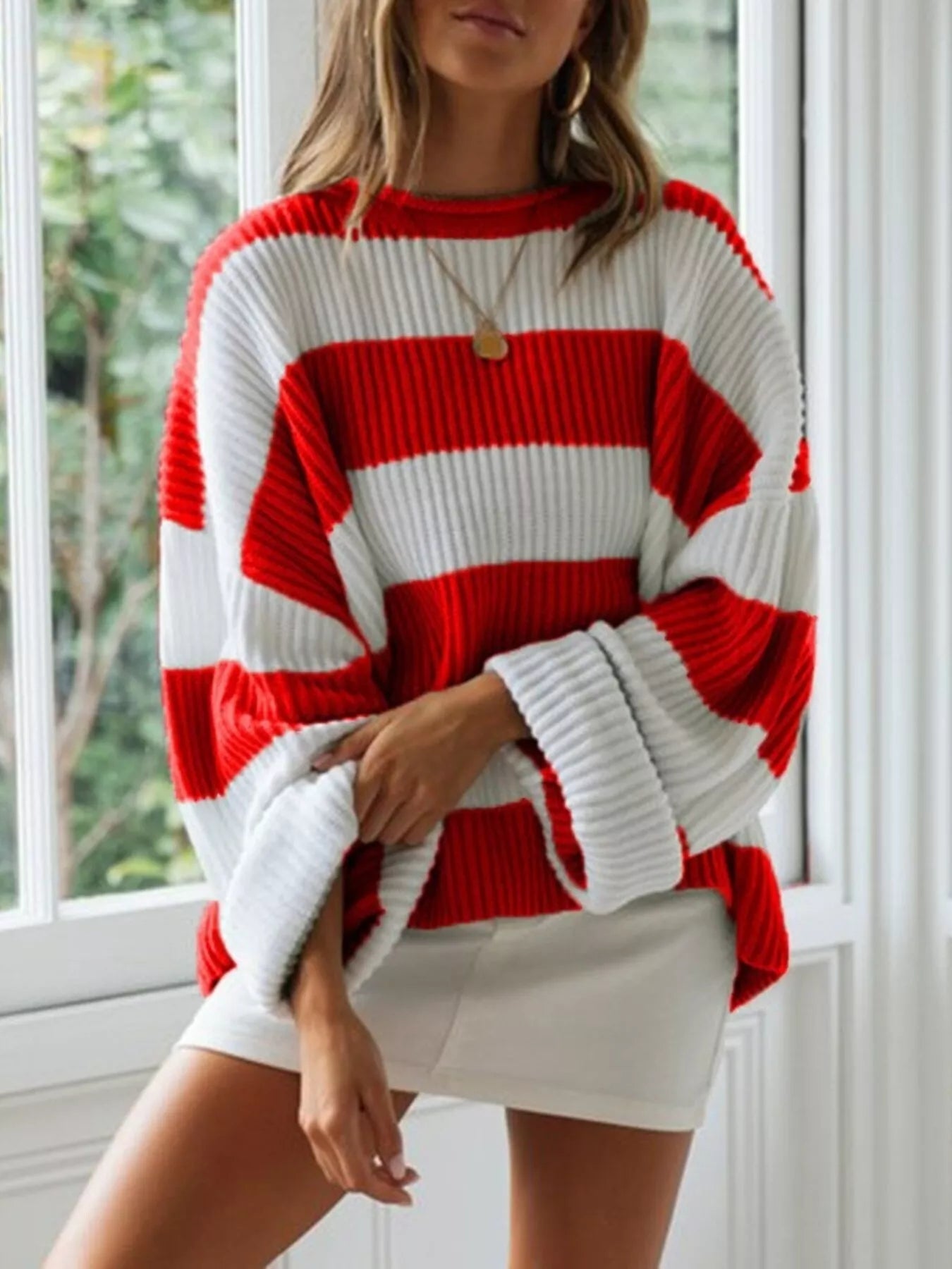 Full Size Contrast Striped Round Neck Sweater Plus Size - Rochelle's House LLC