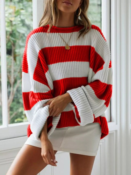 Full Size Contrast Striped Round Neck Sweater Plus Size - Rochelle's House LLC