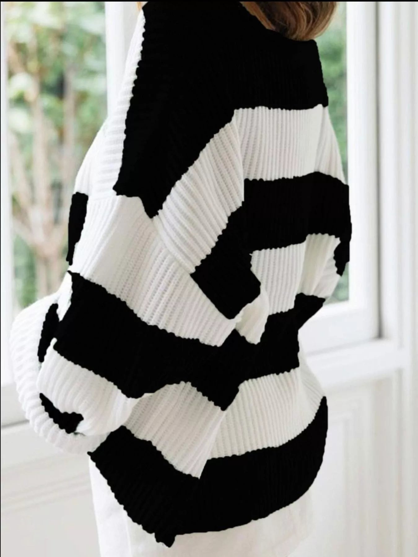 Full Size Contrast Striped Round Neck Sweater Plus Size - Rochelle's House LLC
