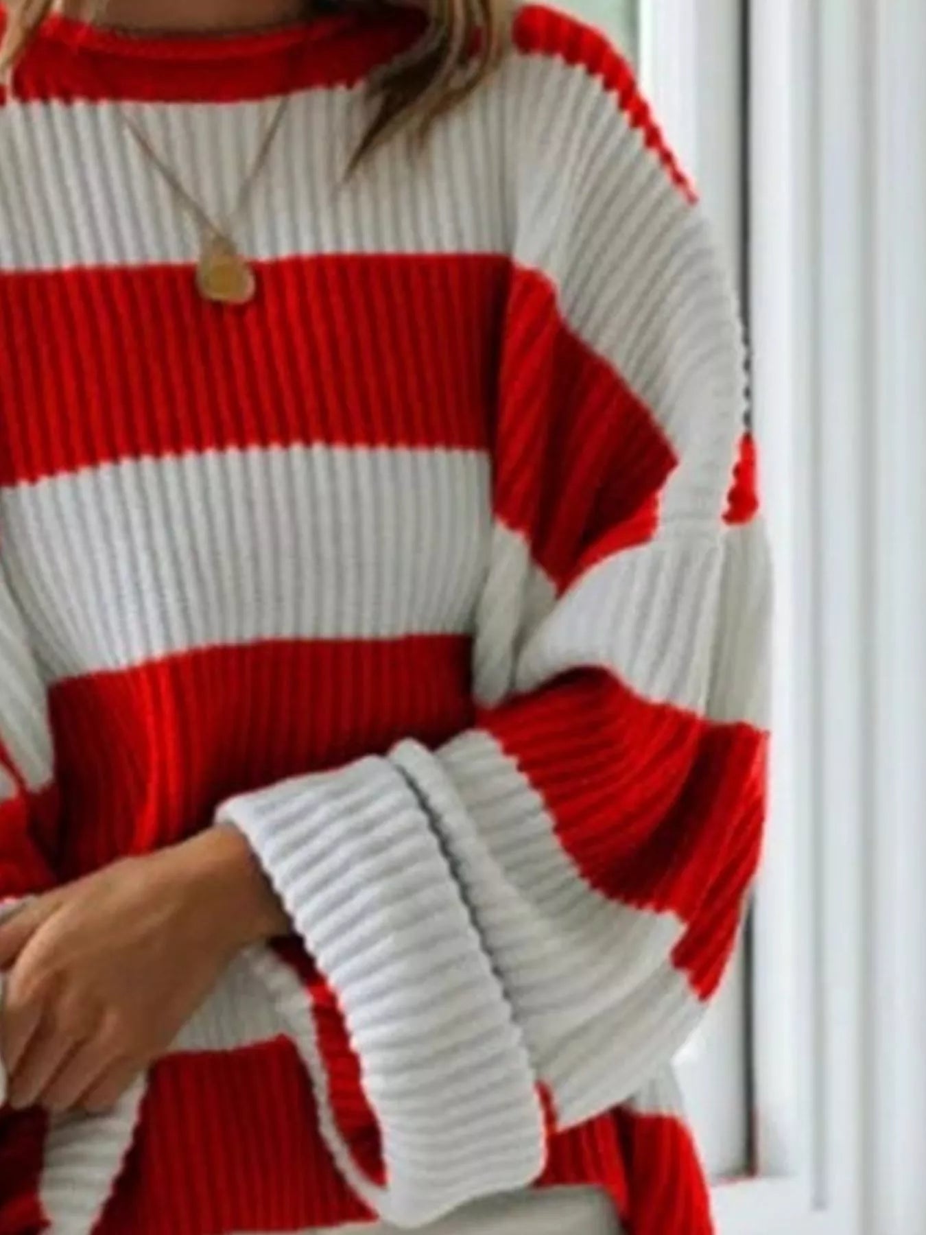 Full Size Contrast Striped Round Neck Sweater Plus Size - Rochelle's House LLC