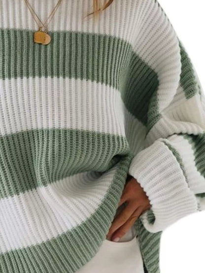 Full Size Contrast Striped Round Neck Sweater Plus Size - Rochelle's House LLC