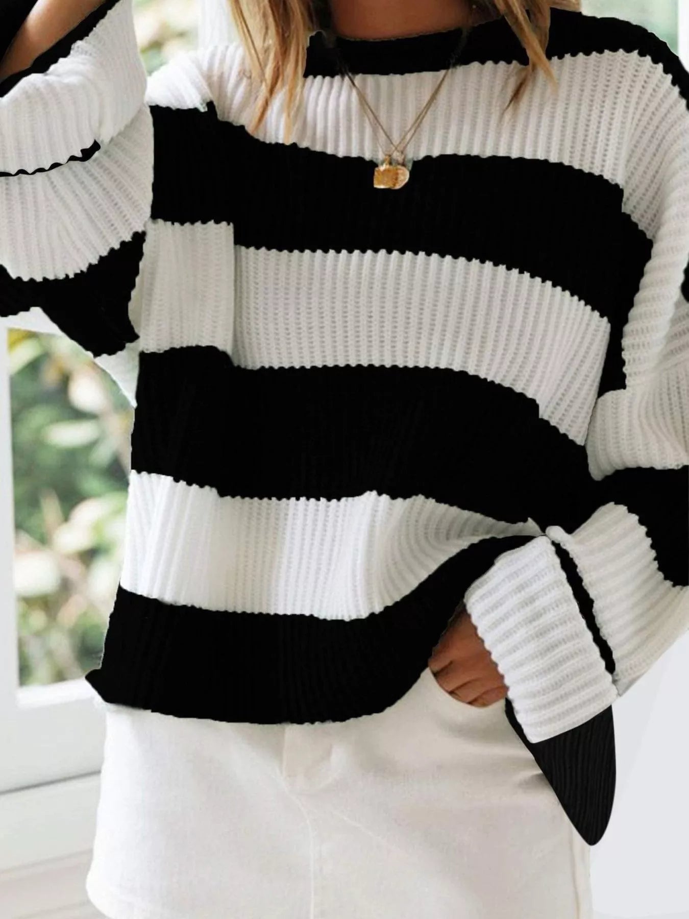 Full Size Contrast Striped Round Neck Sweater Plus Size - Rochelle's House LLC