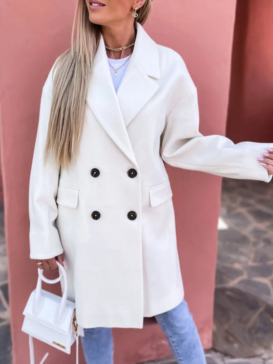 Front view of Full Size Double-Breasted Wool Coat Plus Size in White showing neckline and sleeve details (wool)