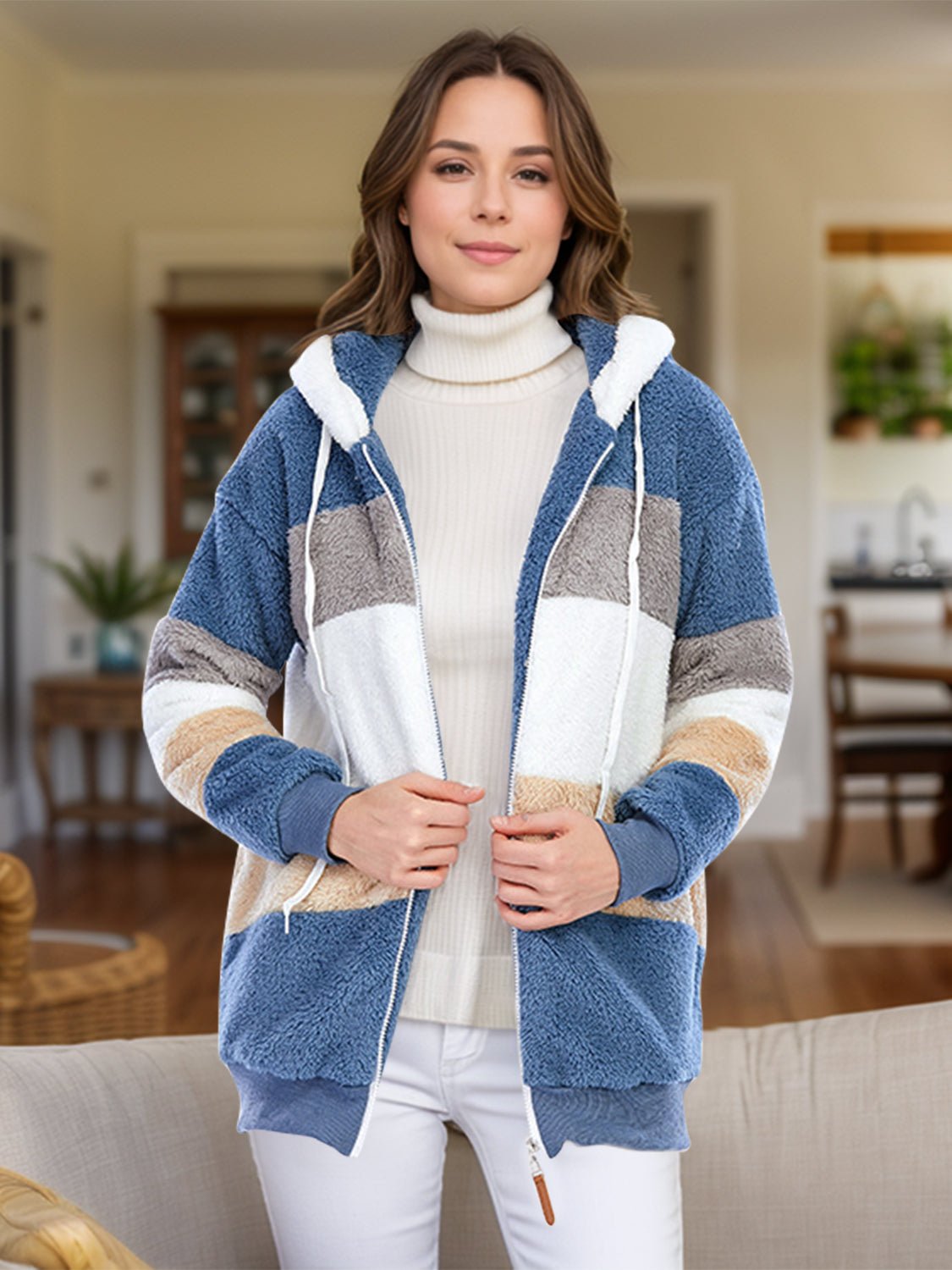 Front view of Full Size Drawstring Color Block Zip Up Hooded Outerwear in Dusty Blue showing neckline and sleeve details