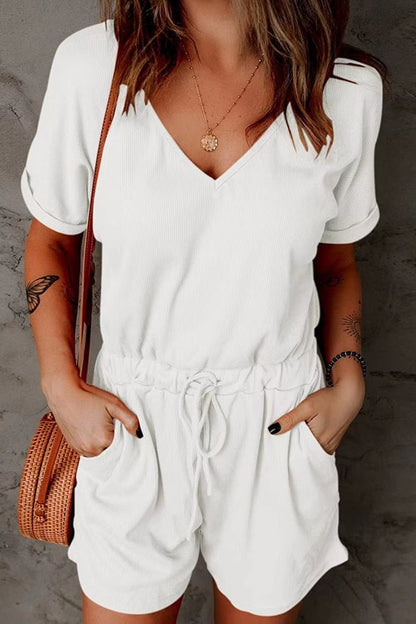 Full Size Drawstring V - Neck Short Sleeve Romper - Rochelle's House LLC