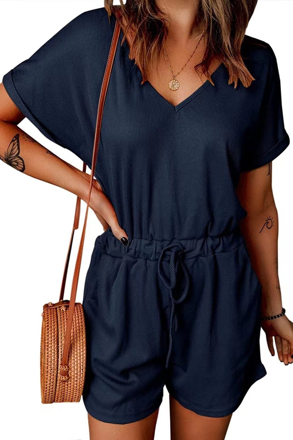Full Size Drawstring V - Neck Short Sleeve Romper - Rochelle's House LLC