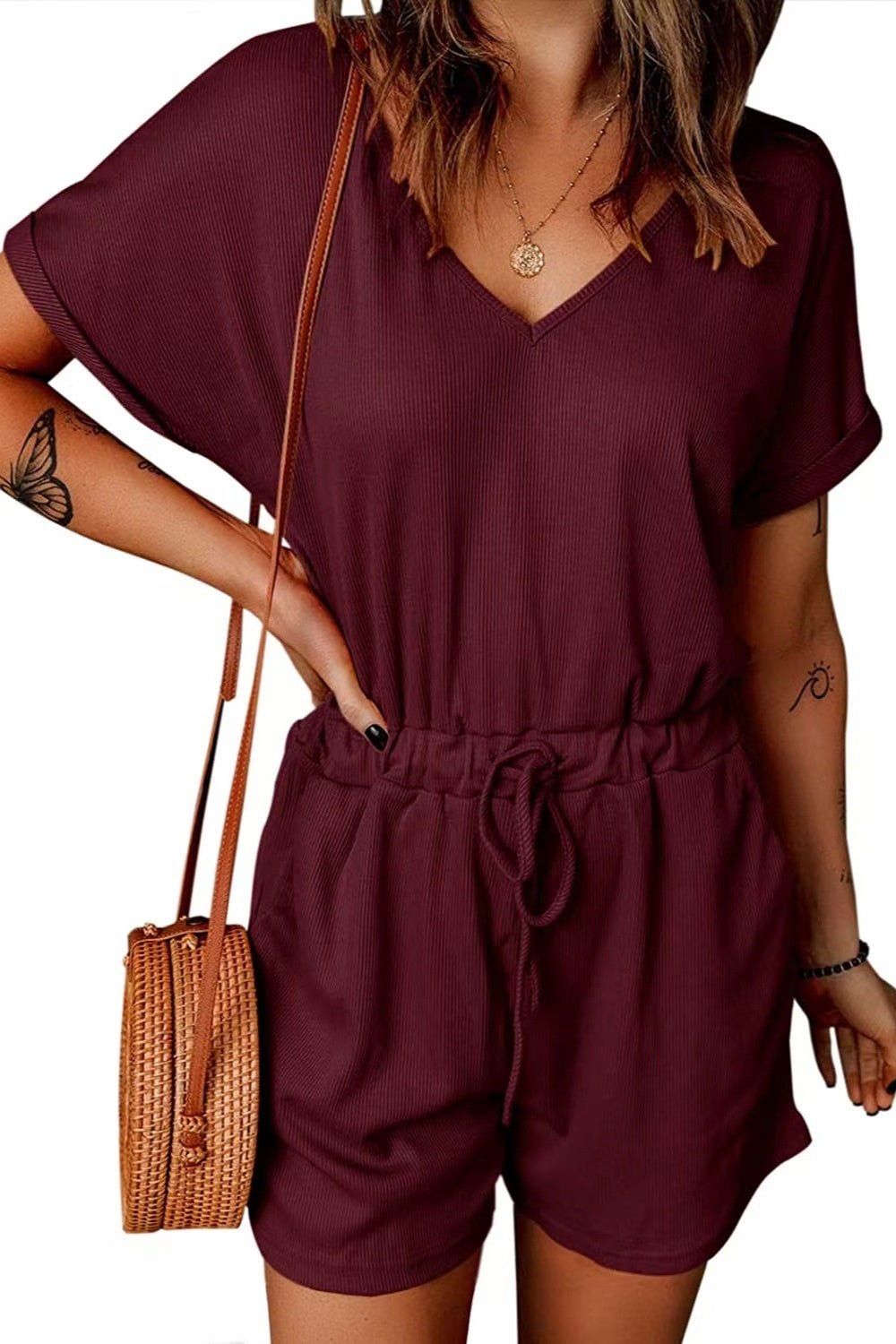 Full Size Drawstring V - Neck Short Sleeve Romper - Rochelle's House LLC
