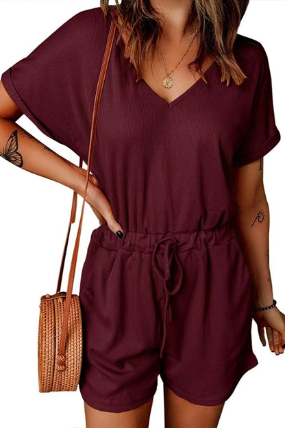 Full Size Drawstring V - Neck Short Sleeve Romper - Rochelle's House LLC