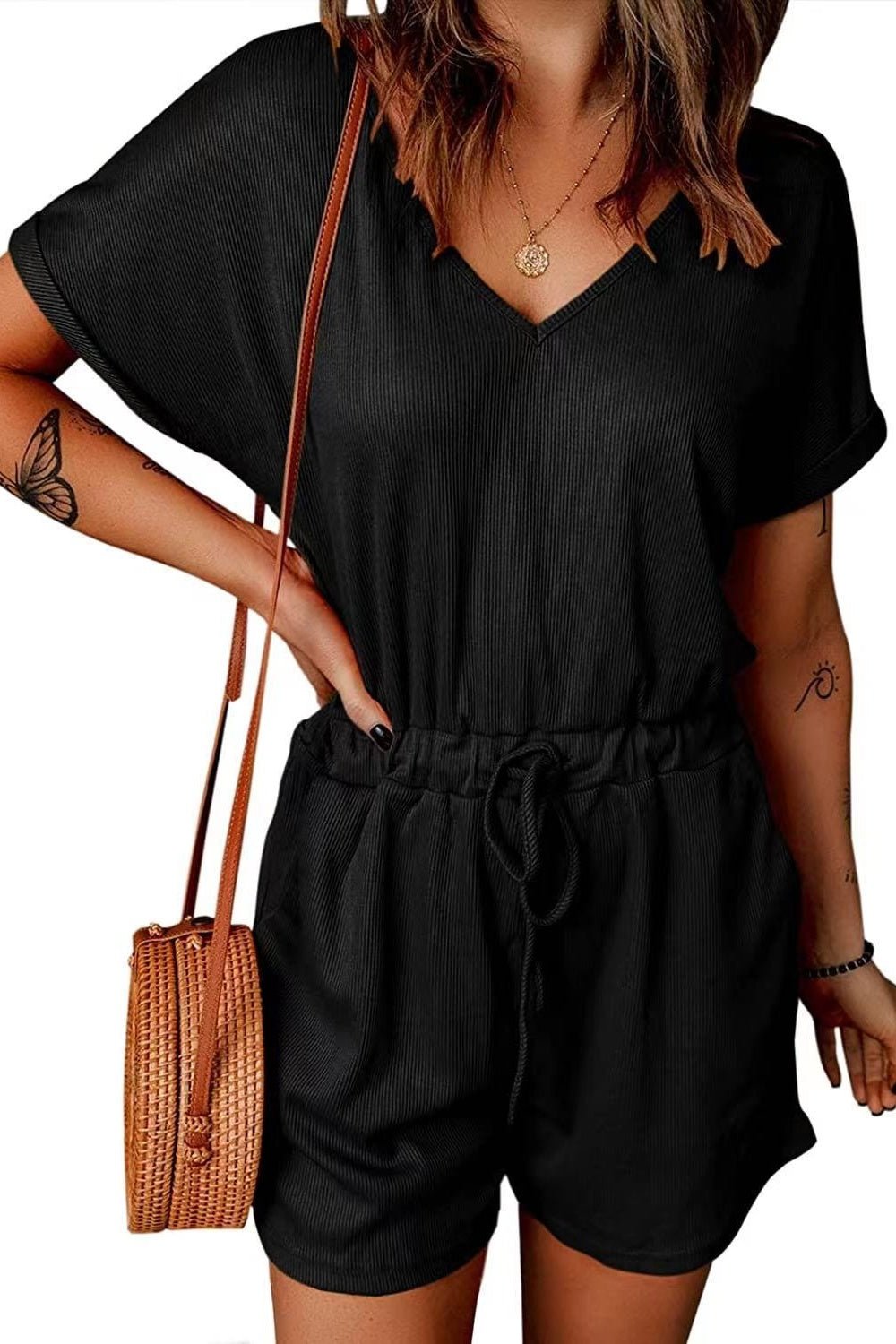 Full Size Drawstring V - Neck Short Sleeve Romper - Rochelle's House LLC
