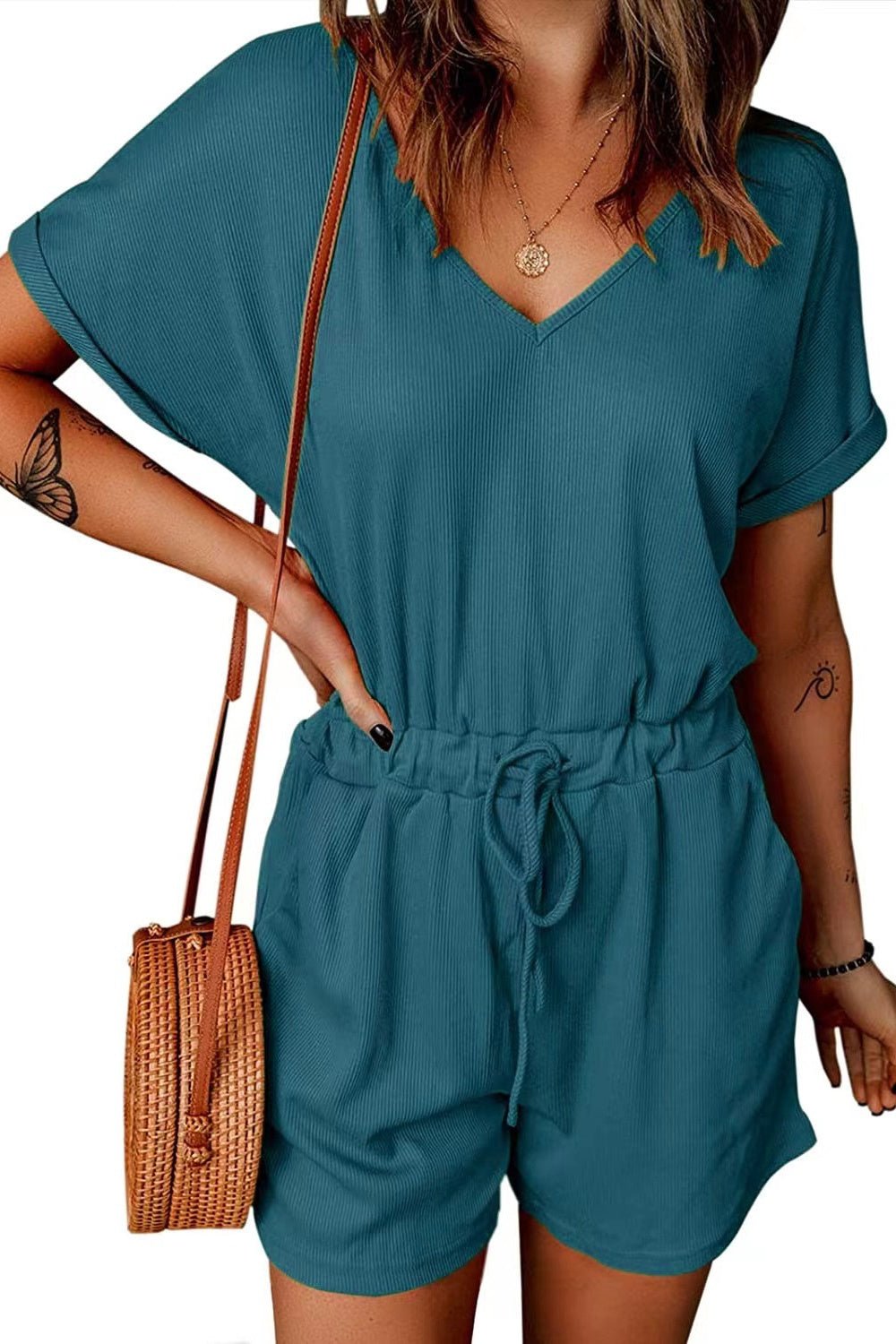 Full Size Drawstring V - Neck Short Sleeve Romper - Rochelle's House LLC