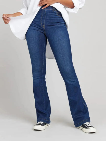 Front view of Full Size High-Waisted Flare Jeans Plus Size in Dark Blue showing neckline and sleeve details