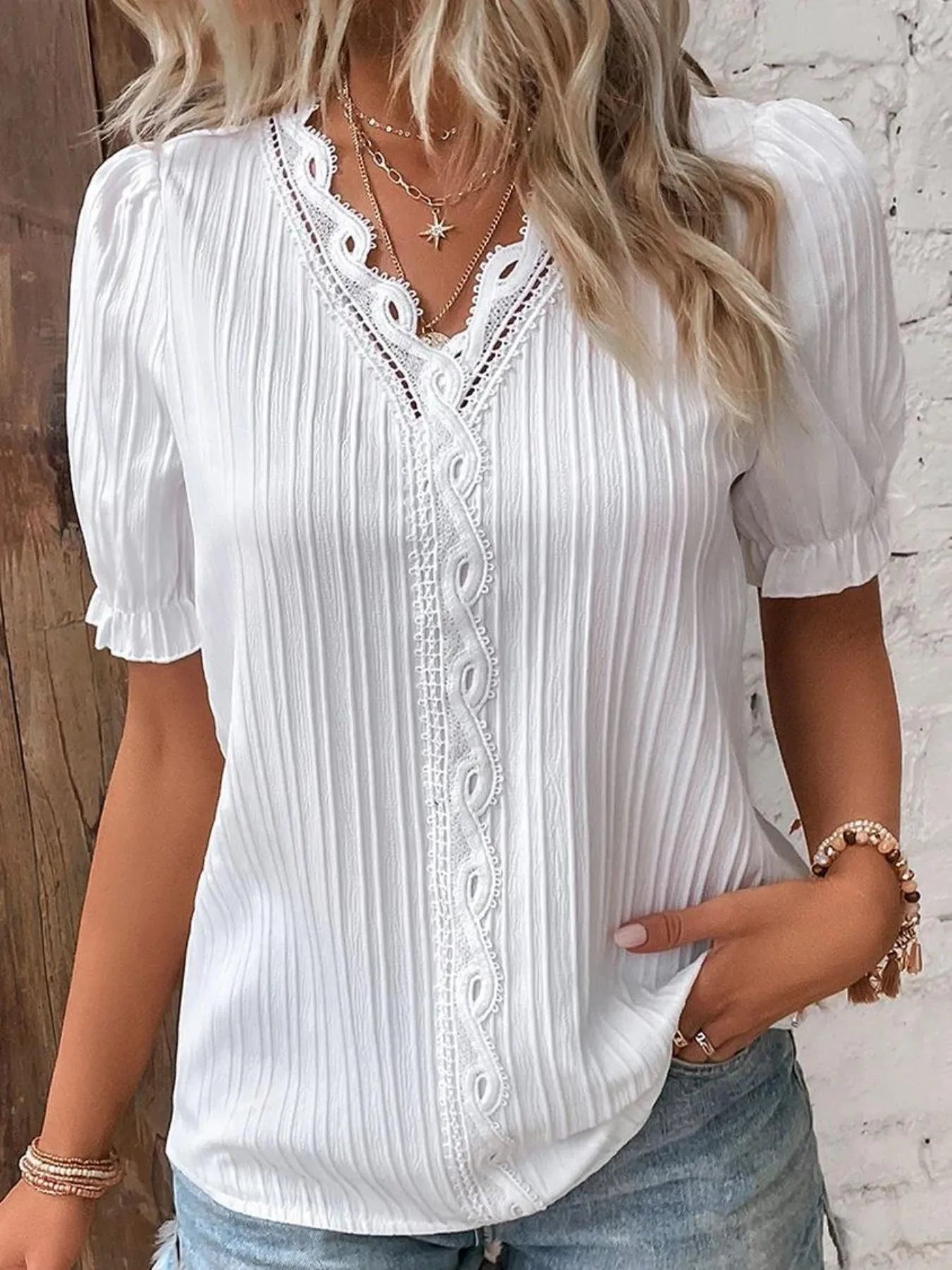 Front view of Full Size Lace Detail V-Neck Blouse Plus Size in White showing neckline and sleeve details