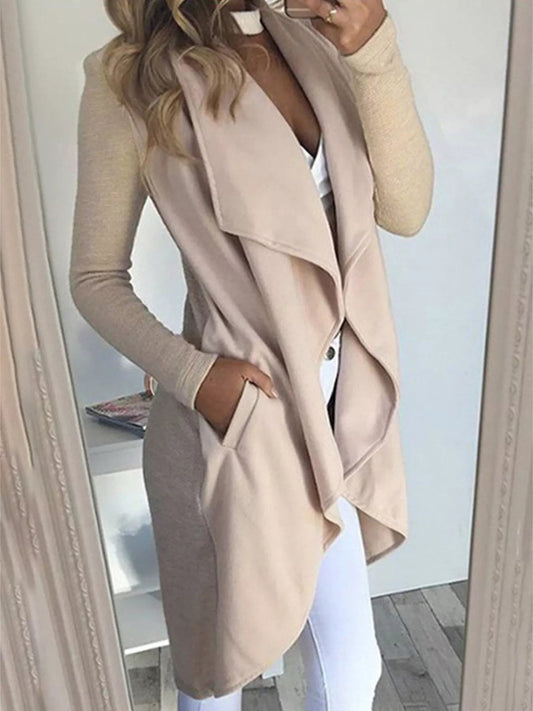 Front view of Full Size Lapel Collar Long Sleeve Coat Plus Size in Beige showing neckline and sleeve details