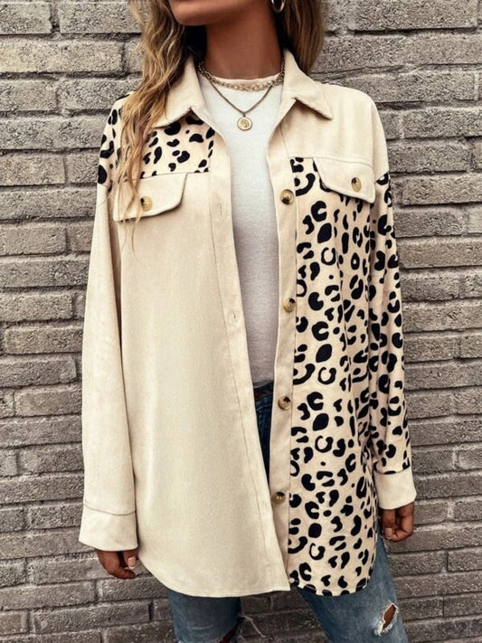 Front view of Full Size Leopard Collared Shirt in Sand showing neckline and sleeve details