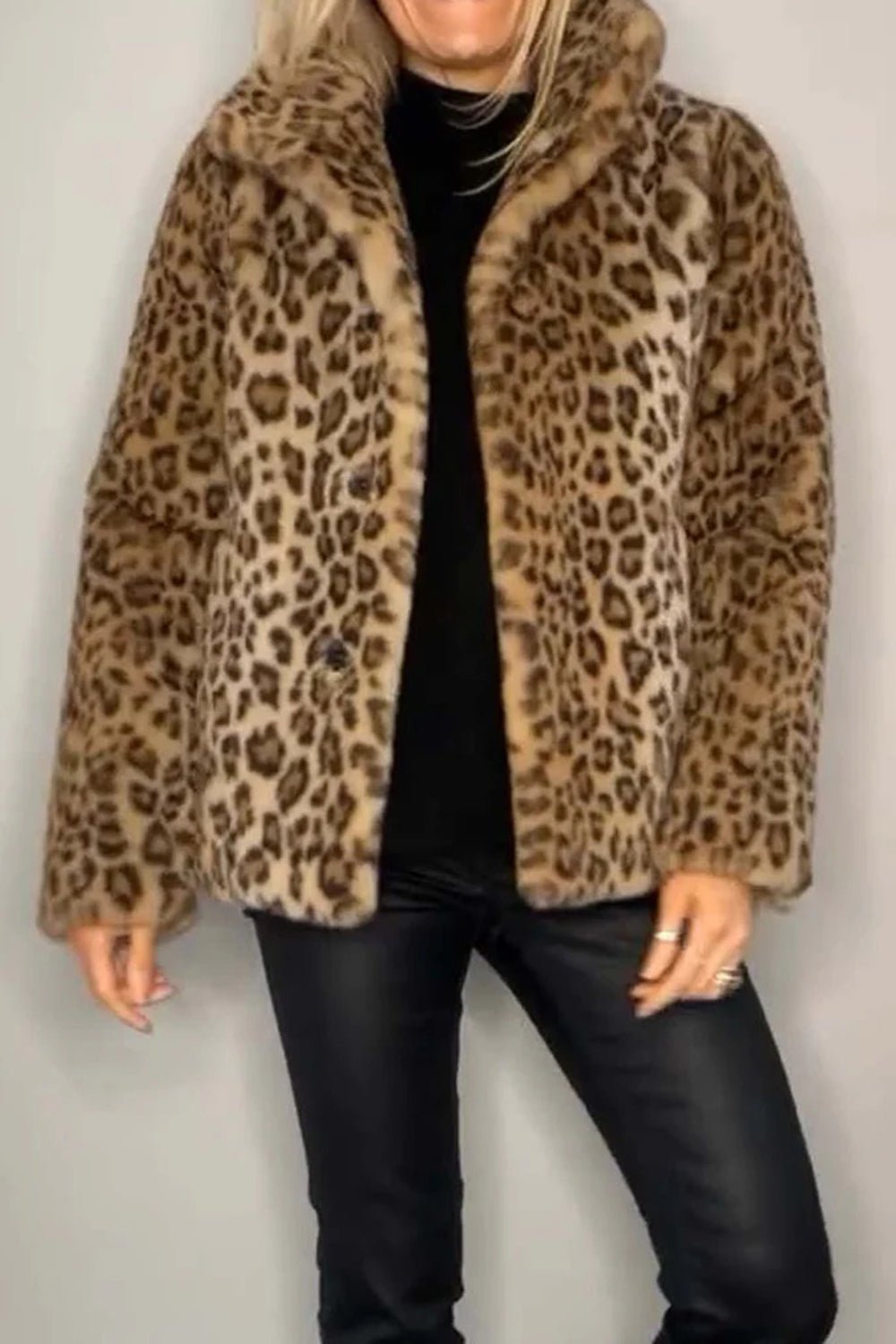 Front view of Full Size Leopard Furry Collared Neck Long Sleeve Coat in Camel showing neckline and sleeve details
