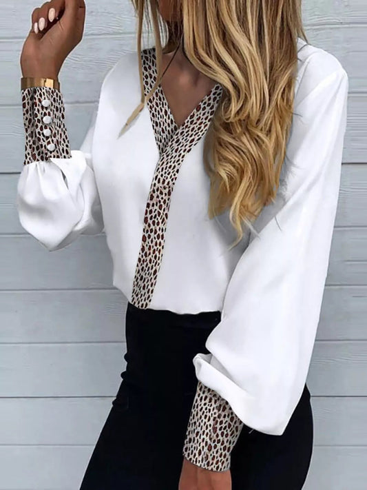 Full Size Leopard Trim Lantern Sleeve Blouse Plus Size - Rochelle's House LLC