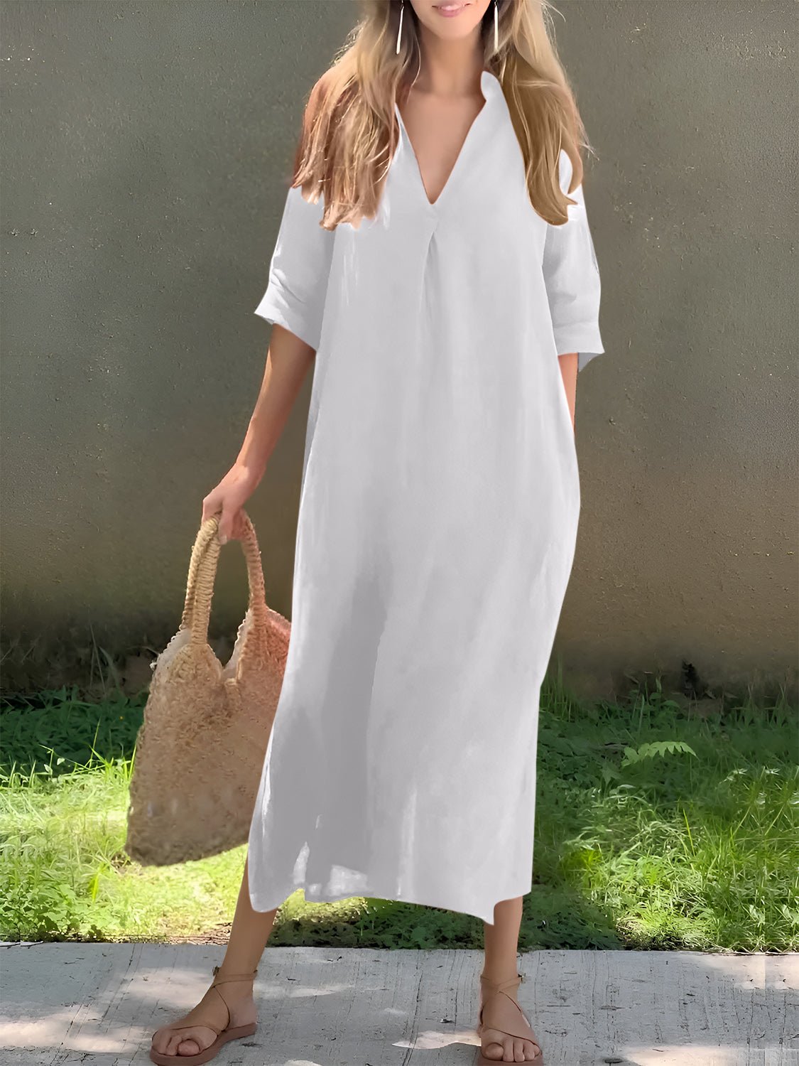 Full Size Notched Half Sleeve Midi Dress - Rochelle's House LLC